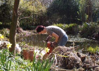 Lee applies wood treatment to the bird boxes and Hedgehog Hotel.