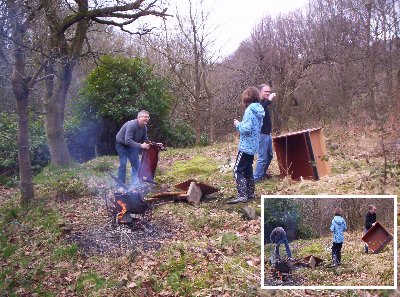 Some old pieces of furniture being burnt to make way for newly donated items.